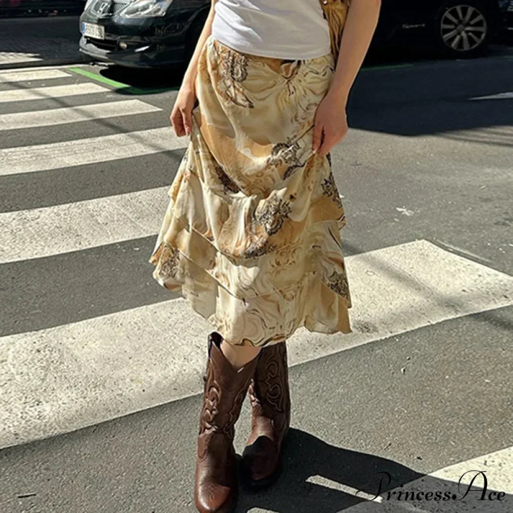 Botanical Pattern Layered A-Line Midi Skirt