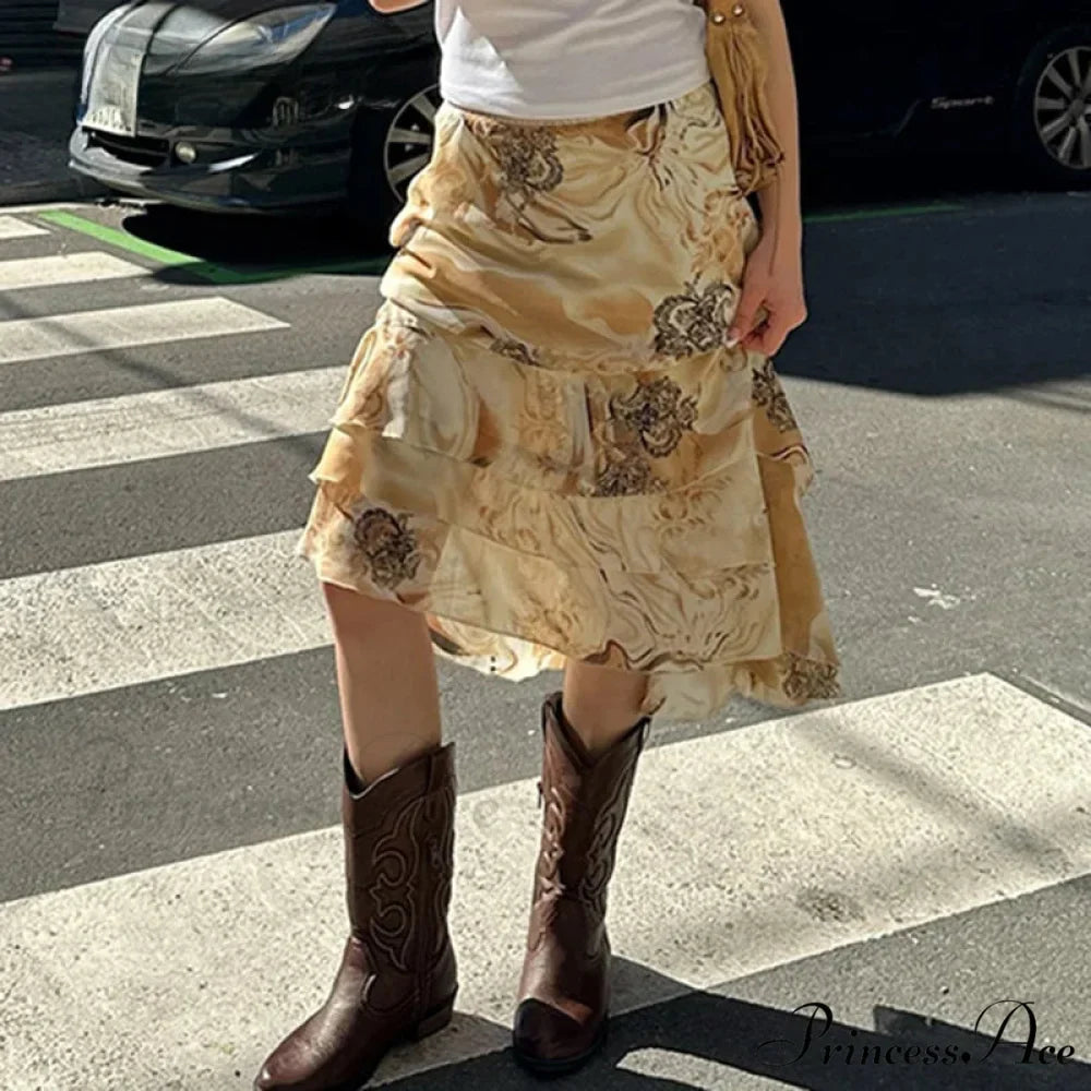 Botanical Pattern Layered A-Line Midi Skirt