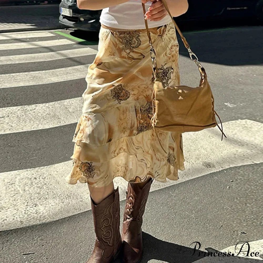 Botanical Pattern Layered A-Line Midi Skirt