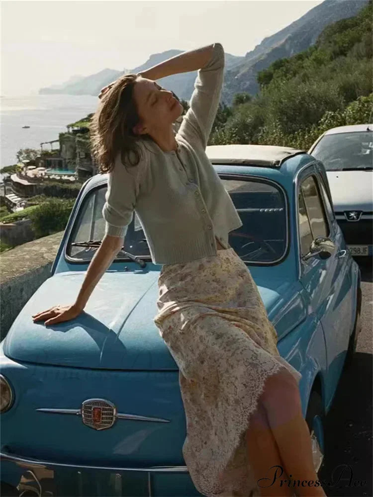 Botanical Pattern Mermaid Lace Insertion High Rise Vintage Summertime Midi Skirt