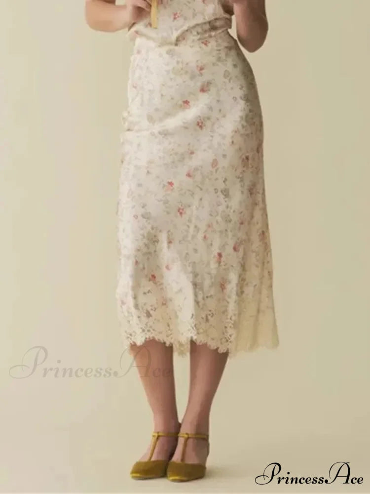 Botanical Pattern Mermaid Lace Insertion High Rise Vintage Summertime Midi Skirt