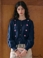 Botanical Stitching Circular Neck Button Cardigan