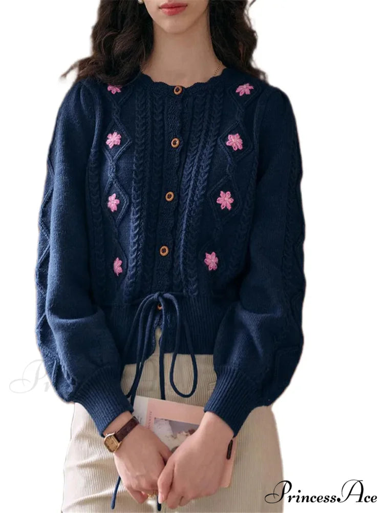 Botanical Stitching Circular Neck Button Cardigan