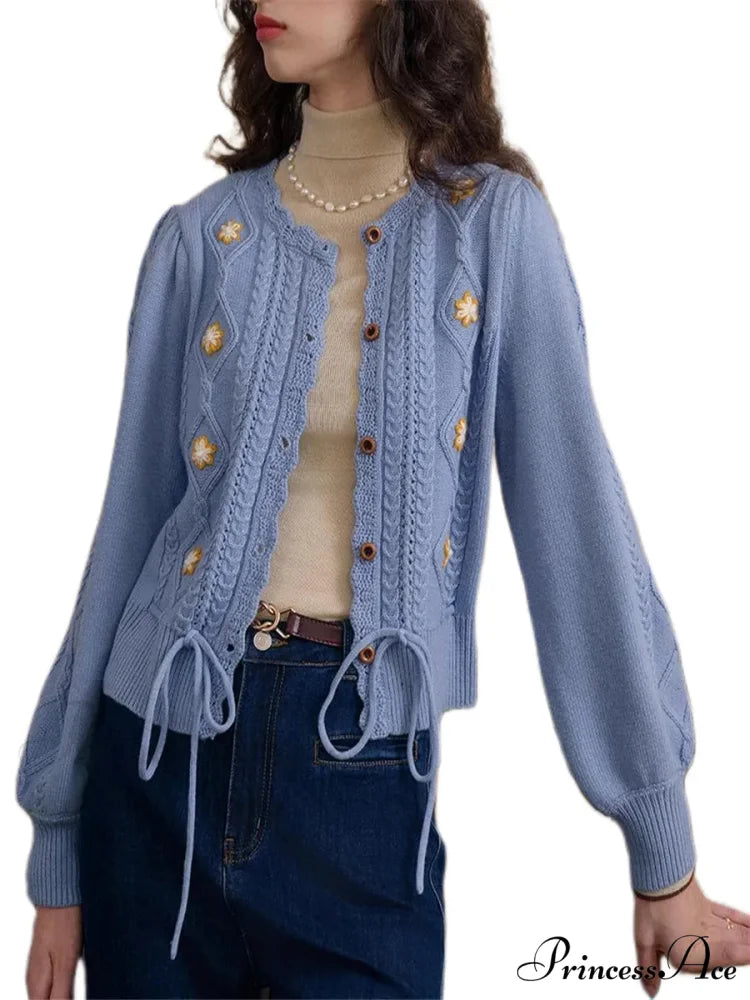 Botanical Stitching Circular Neck Button Cardigan