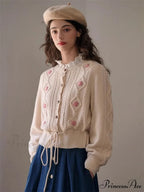 Botanical Stitching Circular Neck Button Cardigan