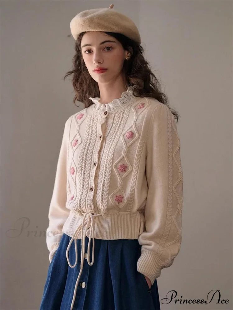 Botanical Stitching Circular Neck Button Cardigan