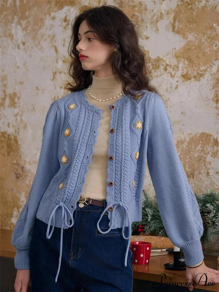 Botanical Stitching Circular Neck Button Cardigan
