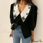 Botanical Stitching Half Sleeve Ivory Retro Blouse