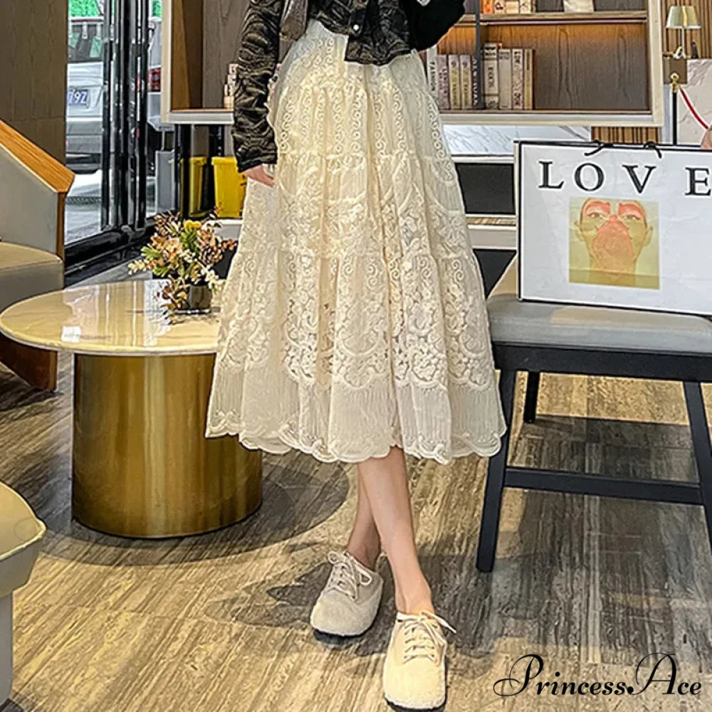 Botanical Stitching Lace Elevated Waist A-Line Skirt