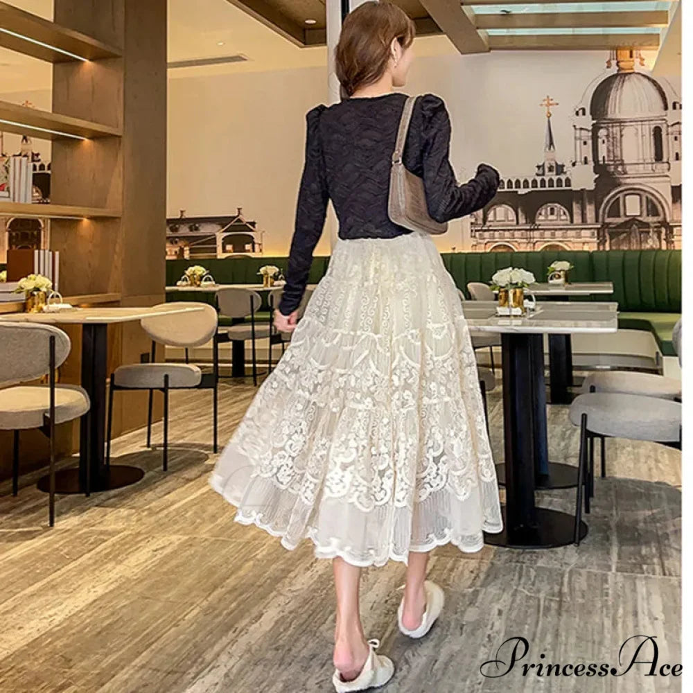 Botanical Stitching Lace Elevated Waist A-Line Skirt
