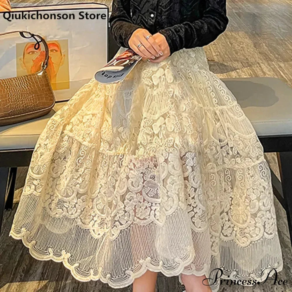 Botanical Stitching Lace Elevated Waist A-Line Skirt