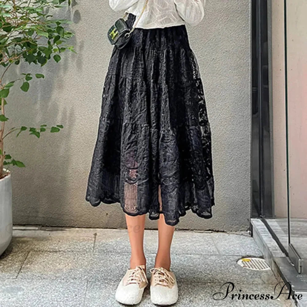 Botanical Stitching Lace Elevated Waist A-Line Skirt