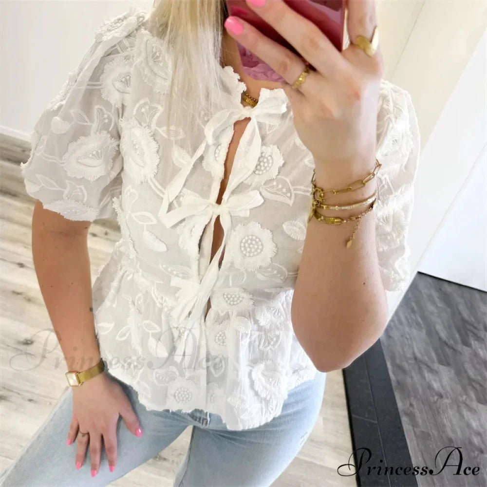 Botanical Stitching Puff Short Sleeve Blouse