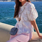 Botanical Stitching Puff Short Sleeve Blouse