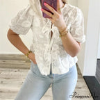 Botanical Stitching Puff Short Sleeve Blouse