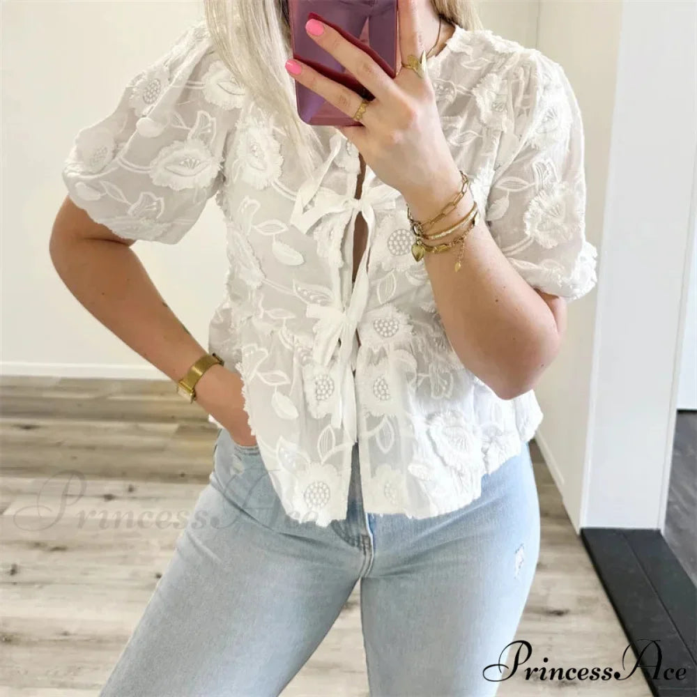 Botanical Stitching Puff Short Sleeve Blouse