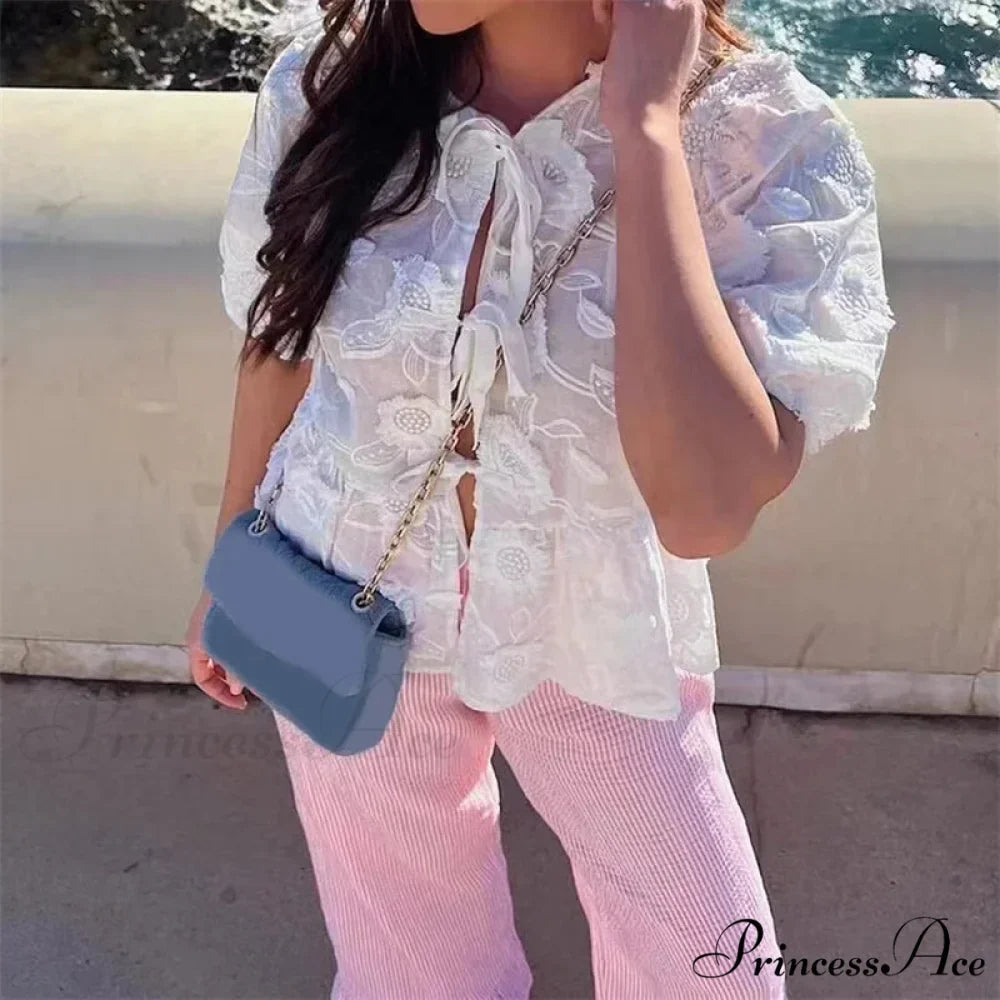 Botanical Stitching Puff Short Sleeve Blouse