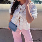 Botanical Stitching Puff Short Sleeve Blouse