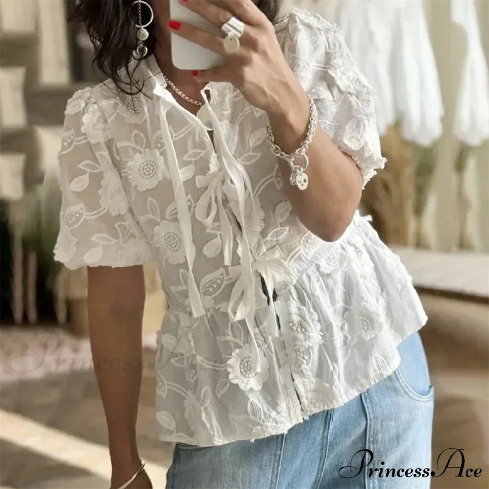 Botanical Stitching Puff Short Sleeve Blouse