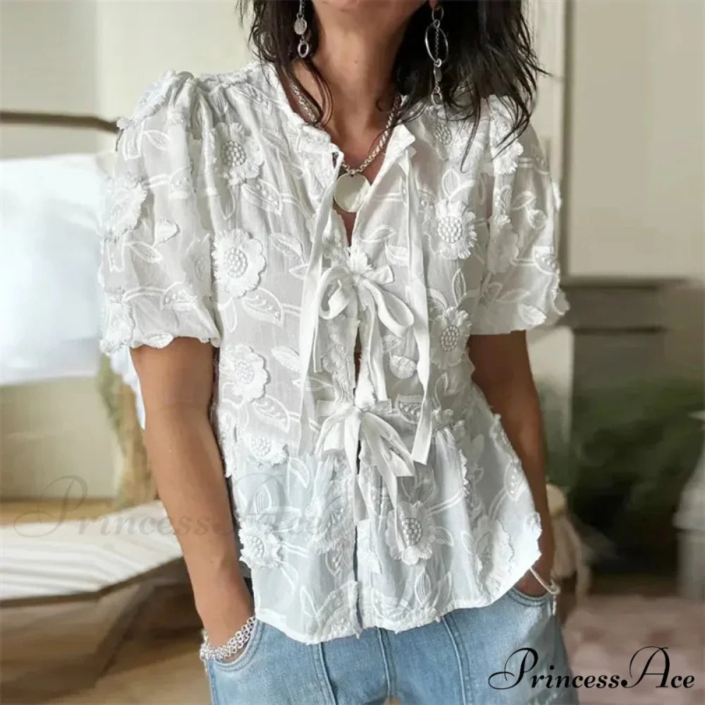 Botanical Stitching Puff Short Sleeve Blouse