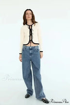 Bow Cravat Plunging Neckline Long Sleeve Cardigan