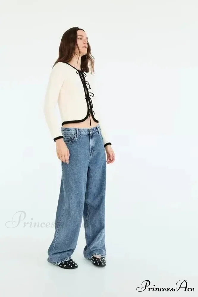 Bow Cravat Plunging Neckline Long Sleeve Cardigan