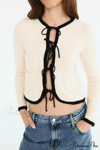 Bow Cravat Plunging Neckline Long Sleeve Cardigan