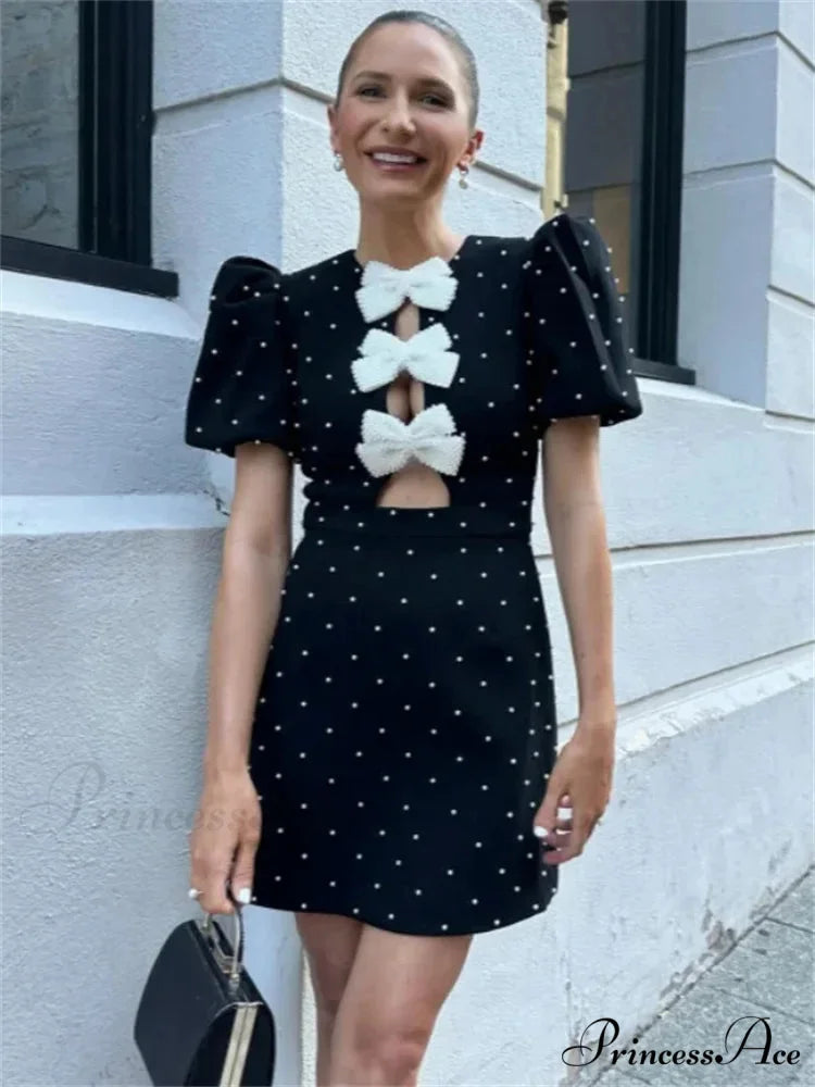 Bow Hollow-Out Patchwork Petite Dress
