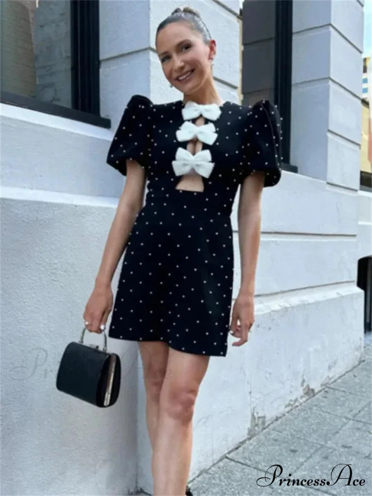 Bow Hollow-Out Patchwork Petite Dress