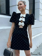 Bow Hollow-Out Patchwork Petite Dress