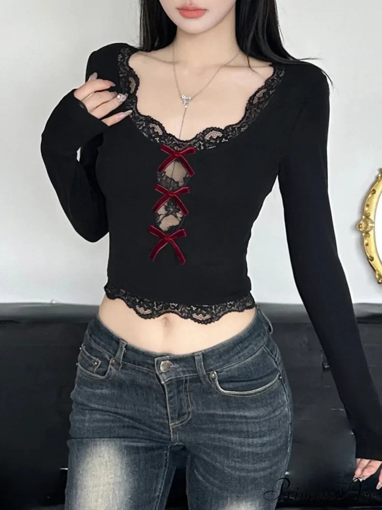 Bow Lace Trim Hollow Out Slim V-Neck Cropped Long Sleeve Knit TopModified Title: Ribbon Lace Trim Pierced Slim V-Neck Cropped Long Sleeve Knit Top