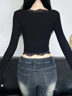 Bow Lace Trim Hollow Out Slim V-Neck Cropped Long Sleeve Knit TopModified Title: Ribbon Lace Trim Pierced Slim V-Neck Cropped Long Sleeve Knit Top