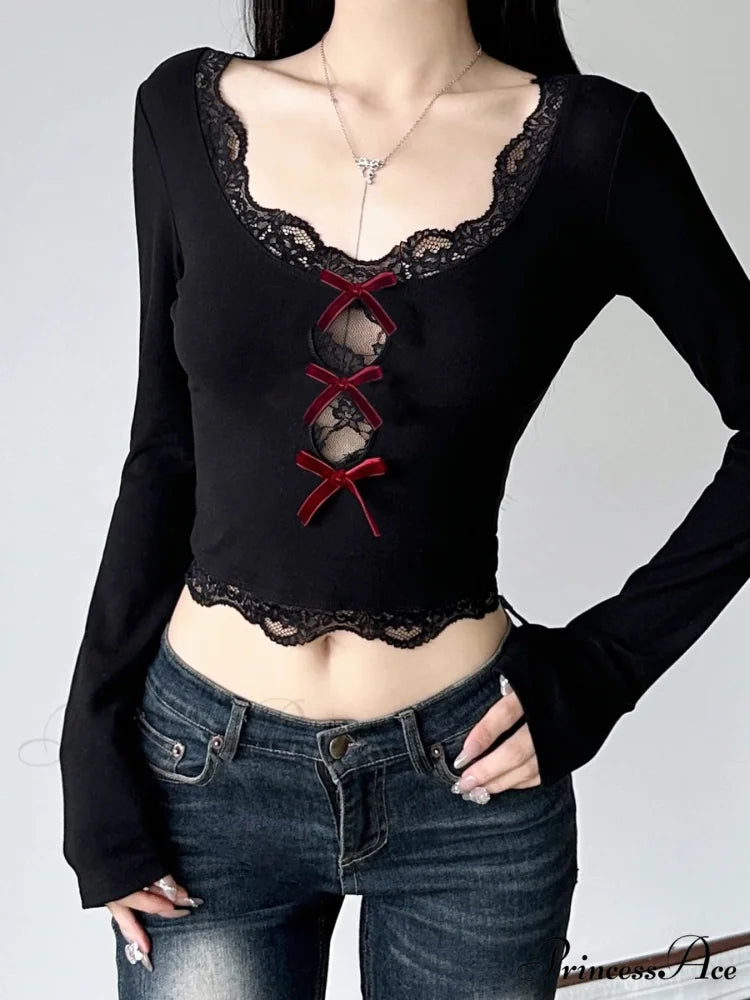 Bow Lace Trim Hollow Out Slim V-Neck Cropped Long Sleeve Knit TopModified Title: Ribbon Lace Trim Pierced Slim V-Neck Cropped Long Sleeve Knit Top