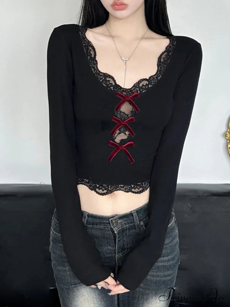 Bow Lace Trim Hollow Out Slim V-Neck Cropped Long Sleeve Knit TopModified Title: Ribbon Lace Trim Pierced Slim V-Neck Cropped Long Sleeve Knit Top
