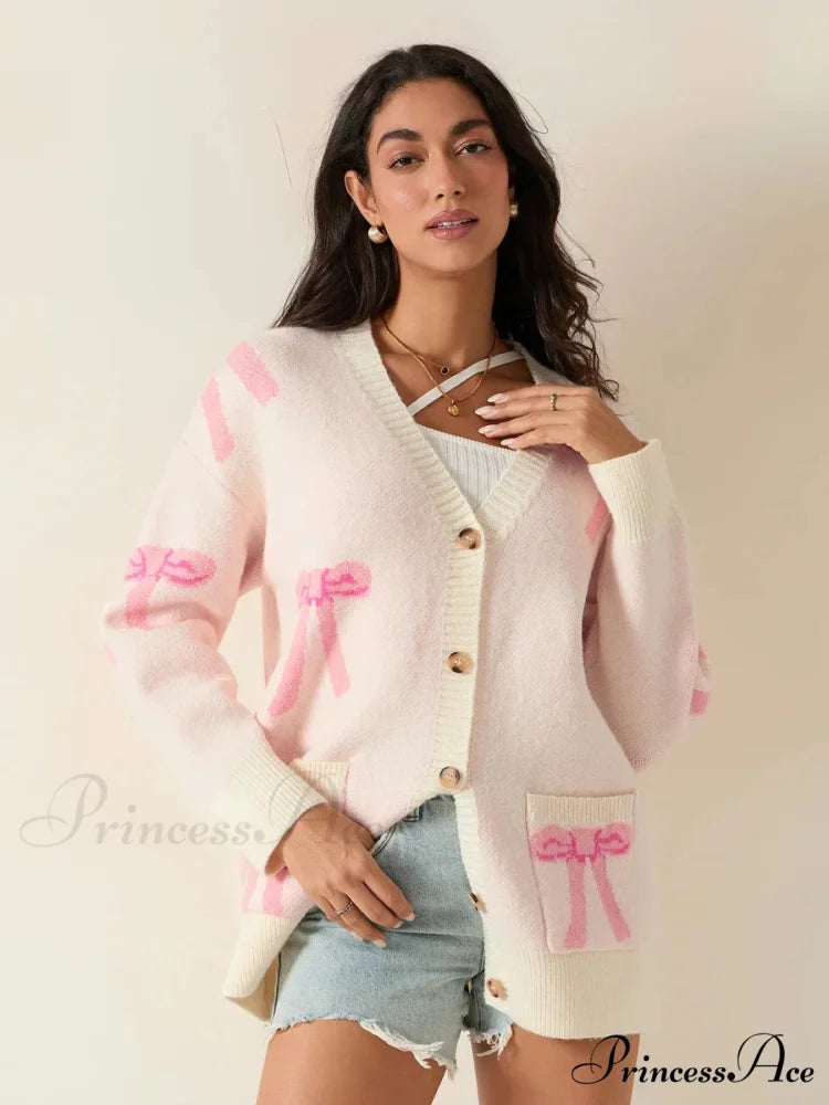Bow Print Button Cardigan