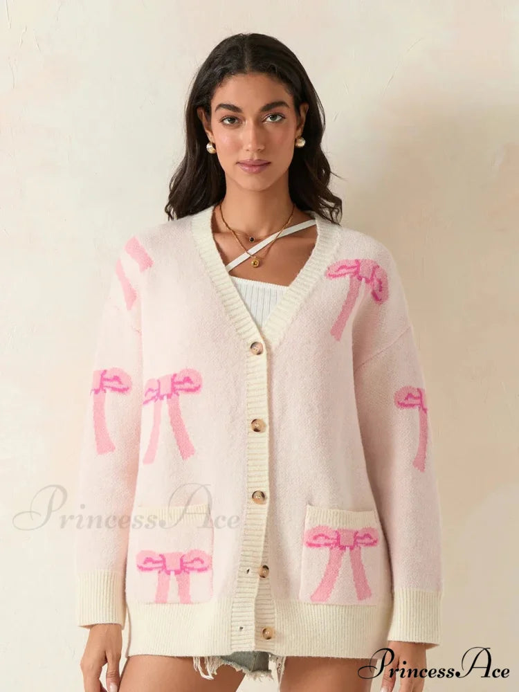 Bow Print Button Cardigan