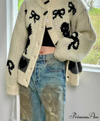 Bow Print Loose O-neck Cardigan