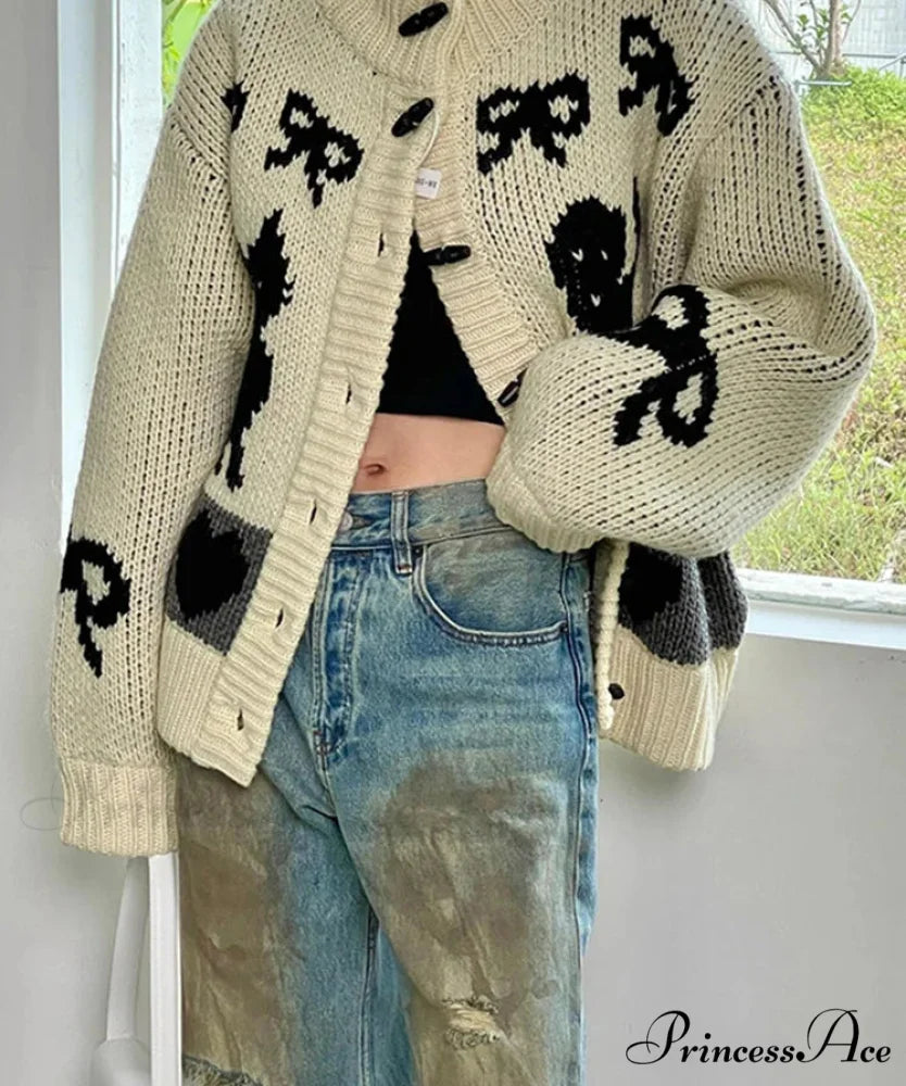 Bow Print Loose O-neck Cardigan