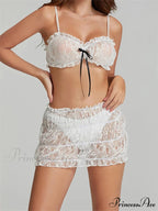 Bowknot Thin Strap Sleeveless Lace Camis Crop Top with Mini Skirt Set