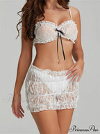 Bowknot Thin Strap Sleeveless Lace Camis Crop Top with Mini Skirt Set