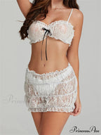 Bowknot Thin Strap Sleeveless Lace Camis Crop Top with Mini Skirt Set