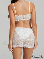 Bowknot Thin Strap Sleeveless Lace Camis Crop Top with Mini Skirt Set