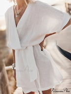 Breezy Leisure Pocketed Charming Belt Kimono Mini Dress