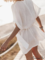 Breezy Leisure Pocketed Charming Belt Kimono Mini Dress