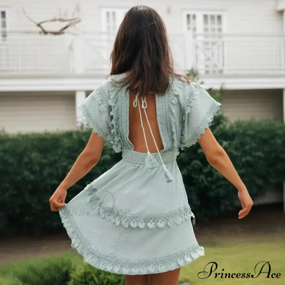 Brief Batwing Sleeve Lace Open Back Low-cut Mini Boho Dress