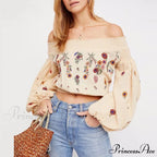 Brief Flower Stitching Off-Shoulder Bohemian Crop Blouse