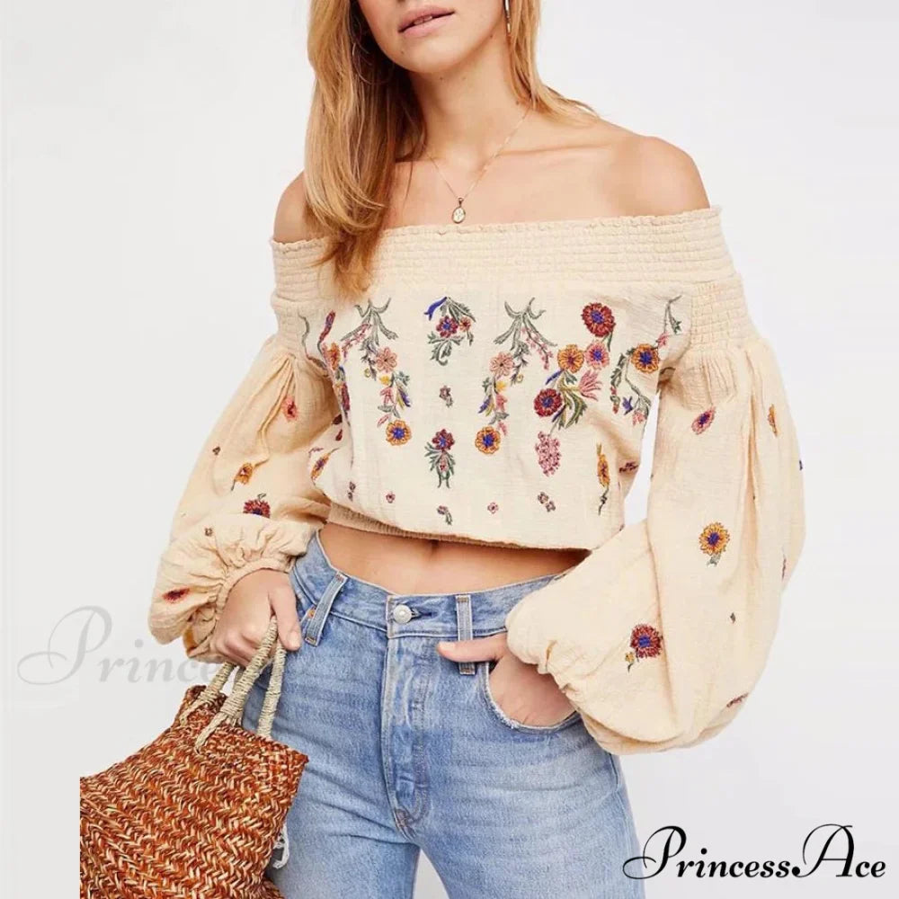 Brief Flower Stitching Off-Shoulder Bohemian Crop Blouse