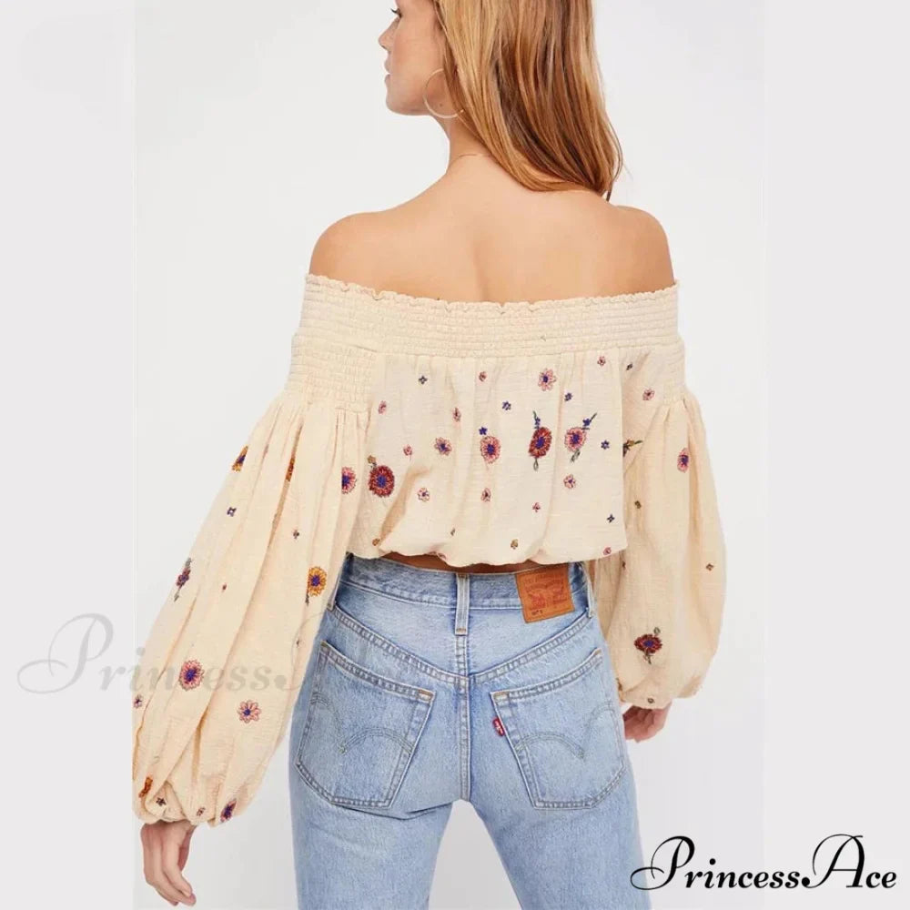 Brief Flower Stitching Off-Shoulder Bohemian Crop Blouse