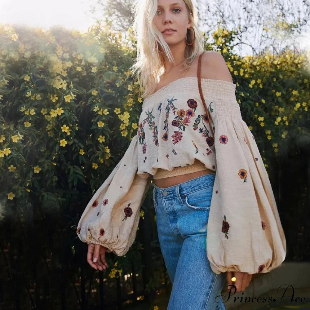 Brief Flower Stitching Off-Shoulder Bohemian Crop Blouse