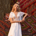 Brief Sleeve Profound Plunge Transparent Bridal Gown